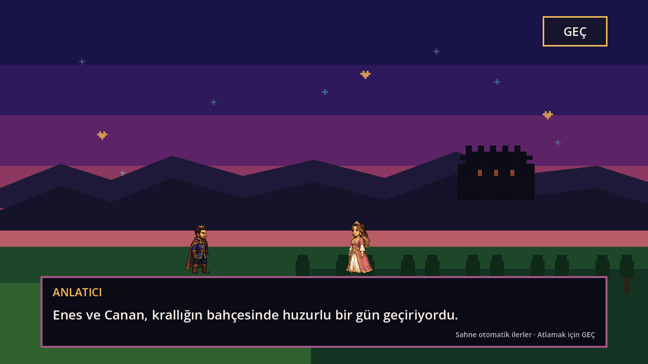 Sakin bir bahçe ve orman giriş sahnesinin oynanış görüntüsü; pikselli sahnede iki kişiselleştirilmiş kahraman.