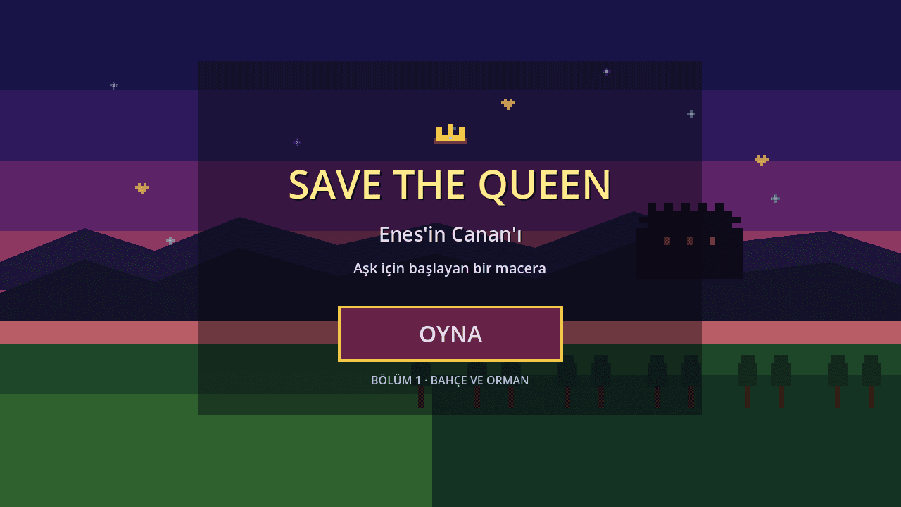 Yatay telefon çerçevesinde Save The Queen ana menüsü: altın başlık, oyna düğmesi ve uzakta bir kale bulunan pikselli alacakaranlık manzara.